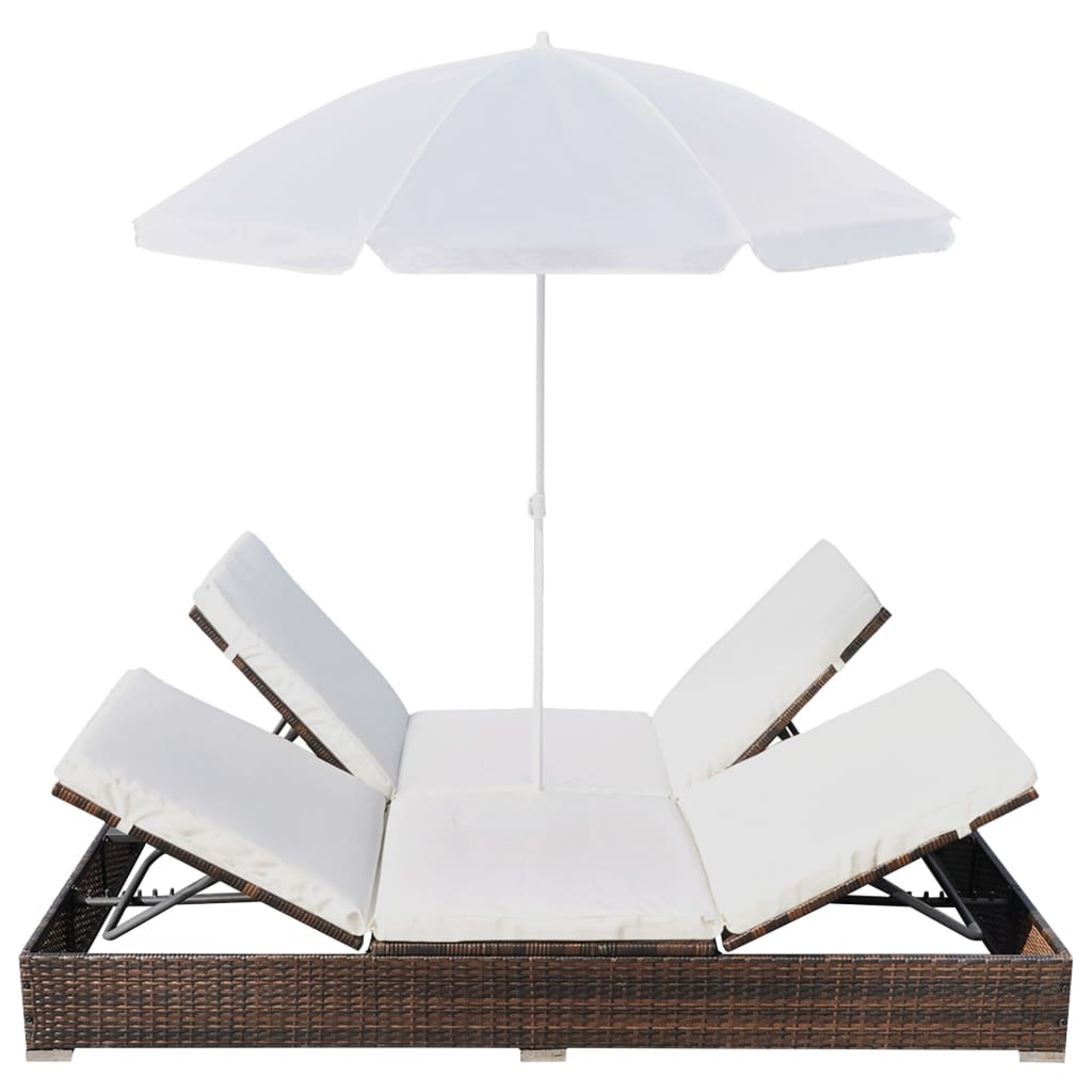 Loungebed Met Parasol Poly Rattan Bruin 1