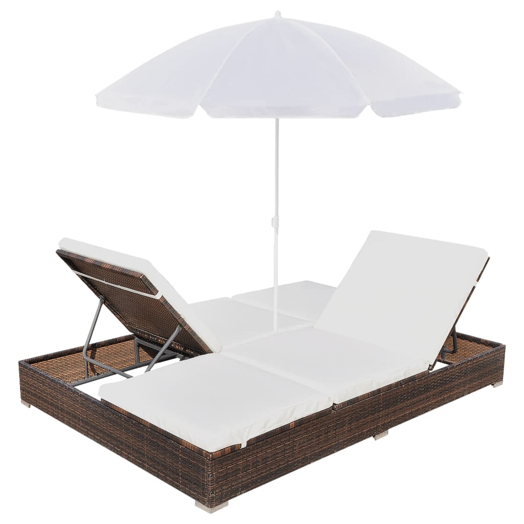 Loungebed Met Parasol Poly Rattan Bruin 1