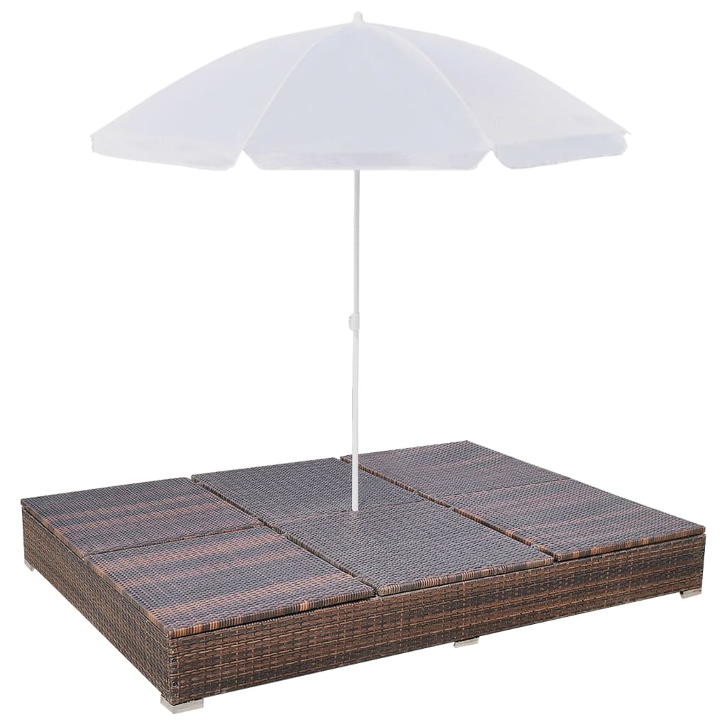 Loungebed Met Parasol Poly Rattan Bruin 1