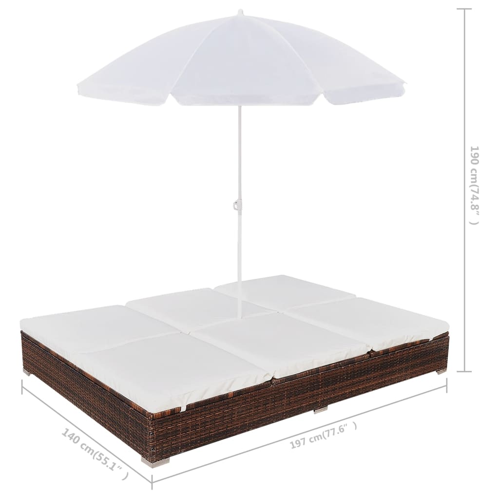 Loungebed Met Parasol Poly Rattan Bruin 1