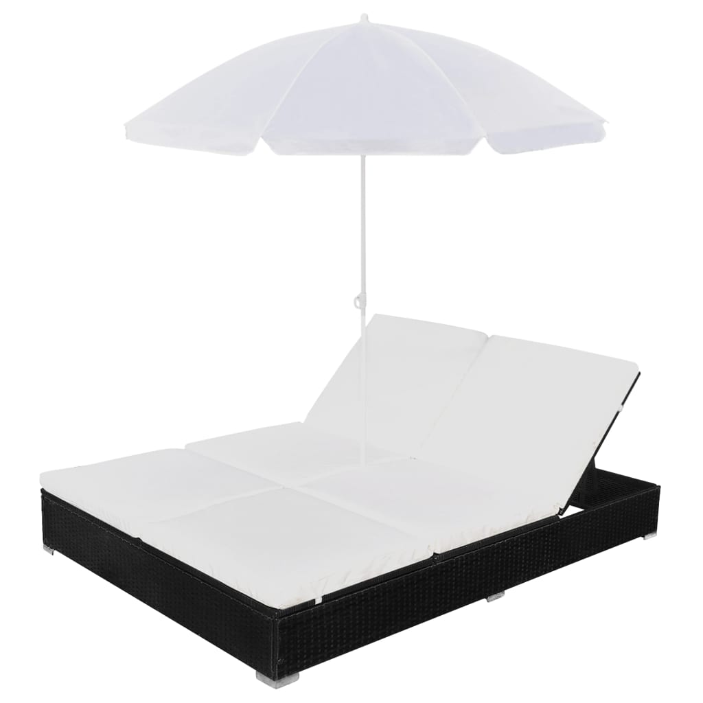 Loungebed Met Parasol Poly Rattan Zwart 1