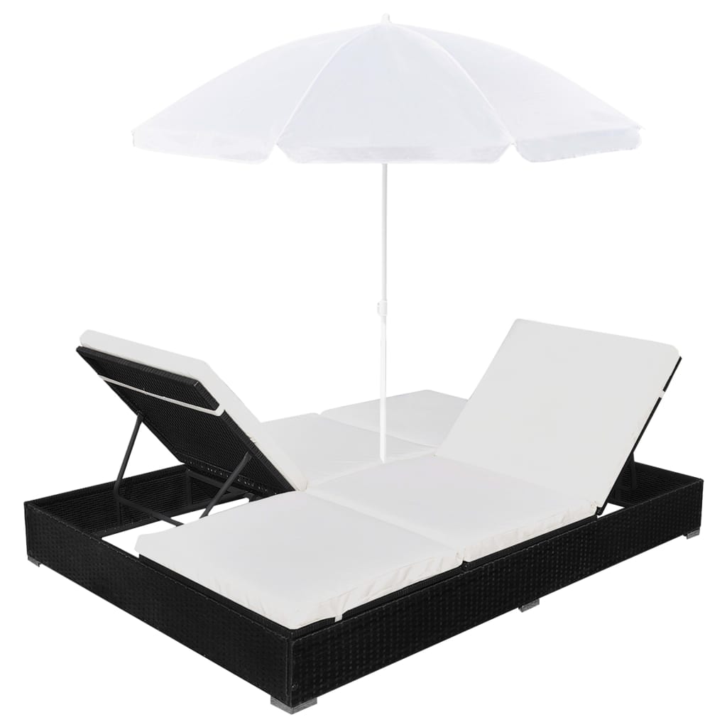 Loungebed Met Parasol Poly Rattan Zwart 1