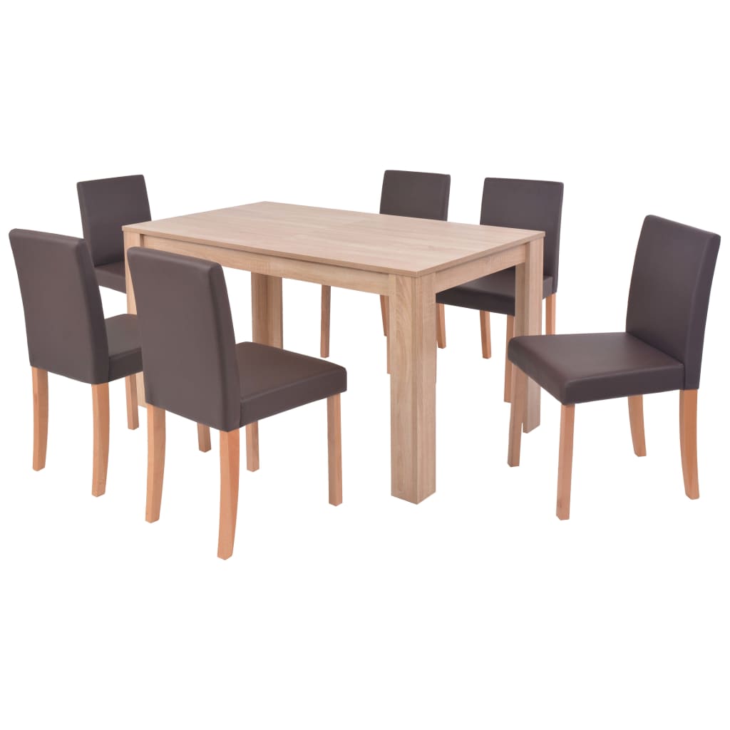 Eettafel met stoelen kunstleer en eikenhout bruin 7 st