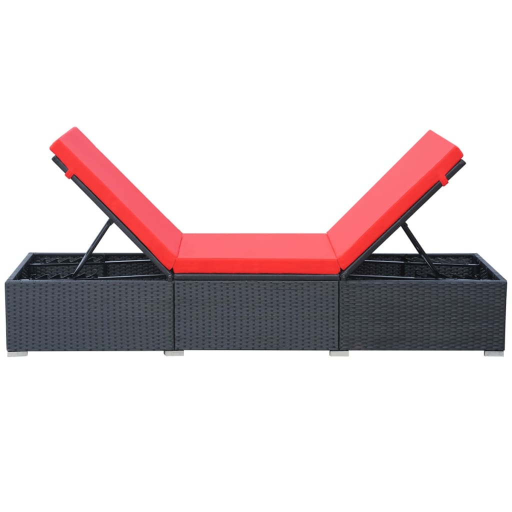 Ligbed Met Kussen Poly Rattan Zwart en rood