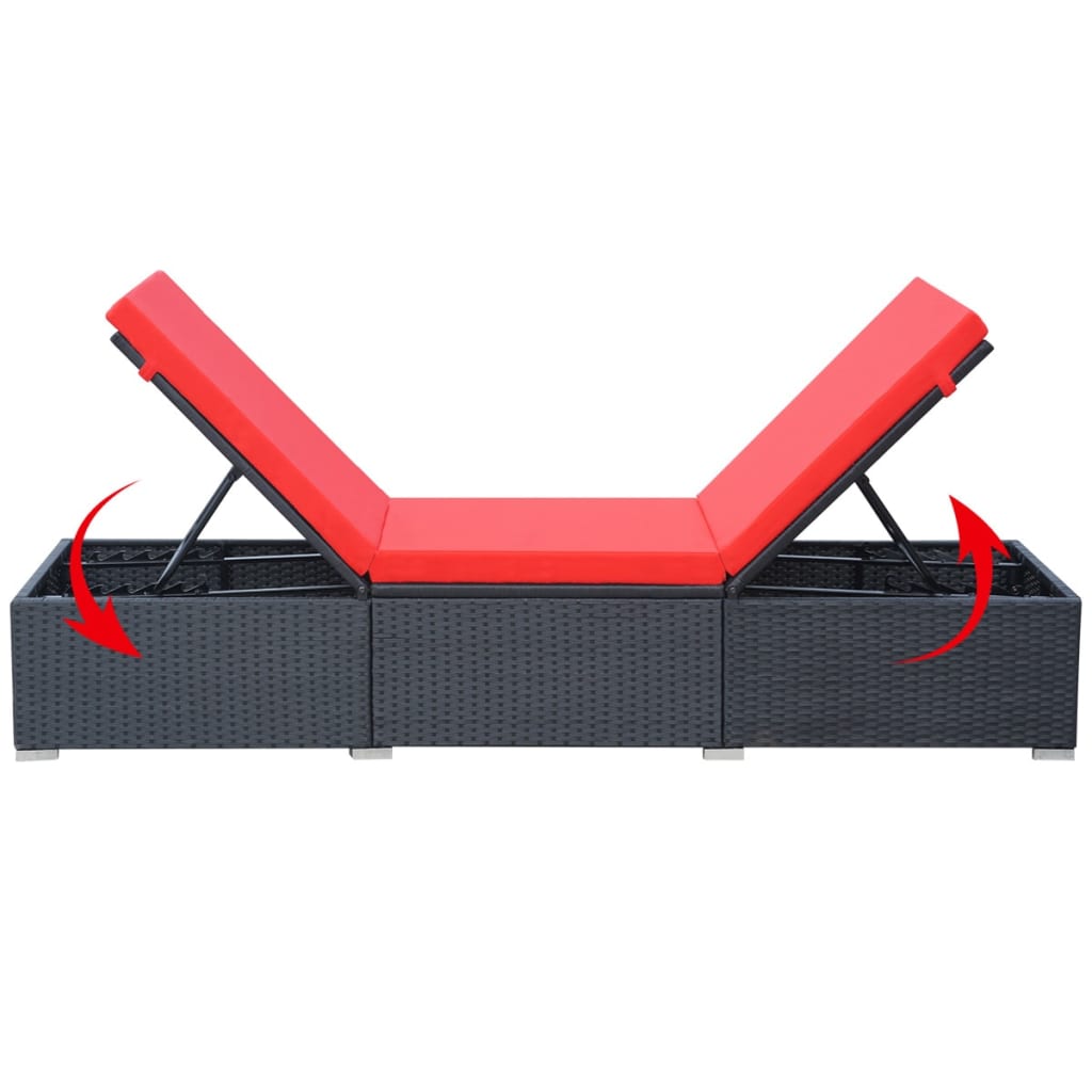 Ligbed Met Kussen Poly Rattan Zwart en rood