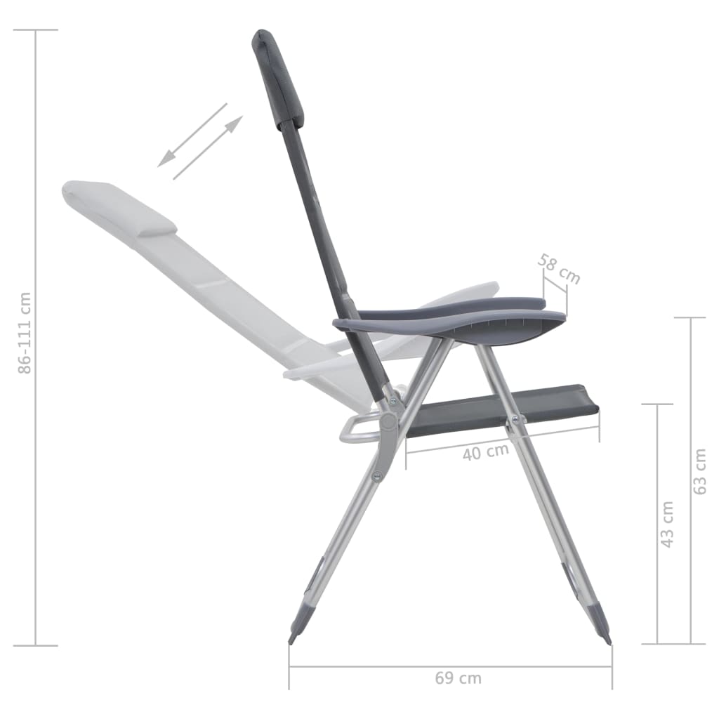 Campingstoelen 58x69x111 cm aluminium grijs 2 st