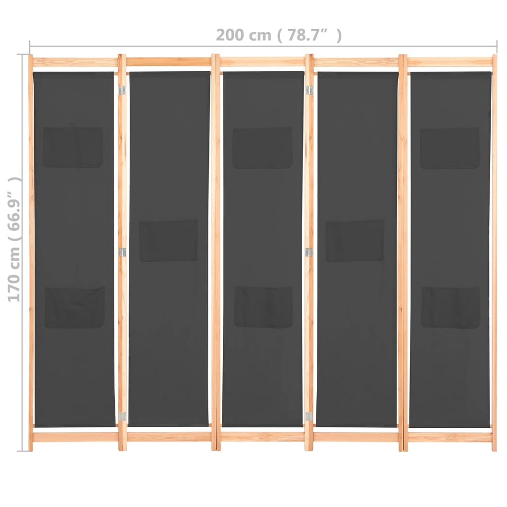 Kamerscherm Met Panelen 200X170X4 Cm Stof 5 Grijs