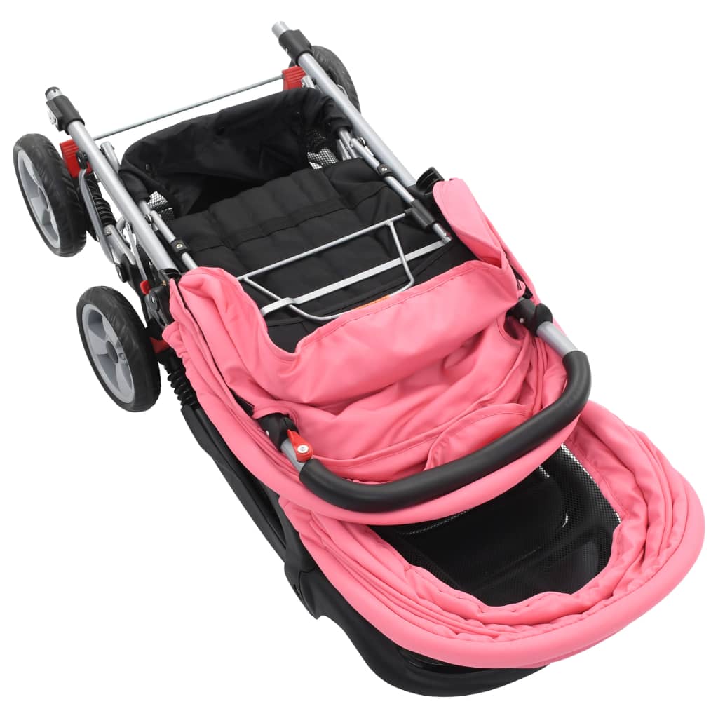 Kinderwagen dubbel staal roze en zwart