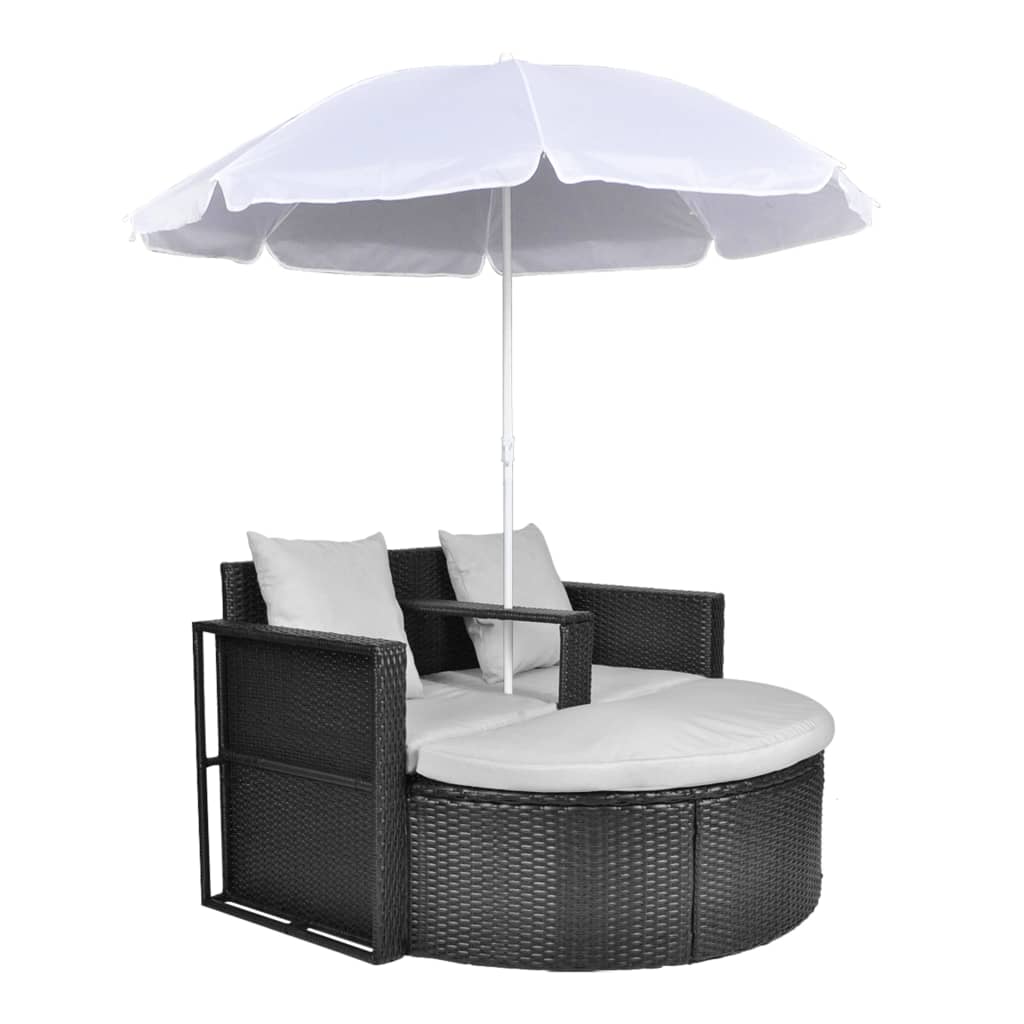 Tuinbed Met Parasol Poly Rattan Zwart Zwart en wit