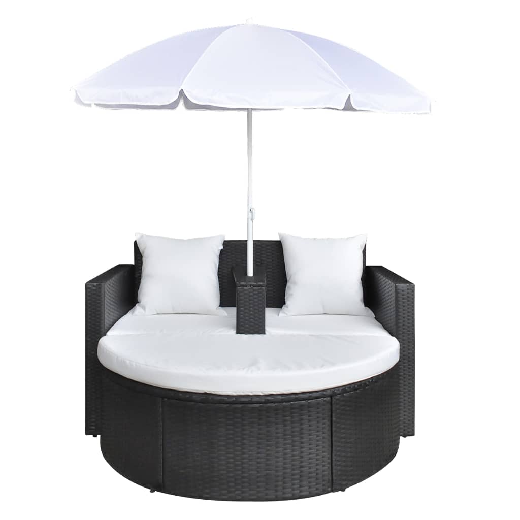 Tuinbed Met Parasol Poly Rattan Zwart Zwart en wit