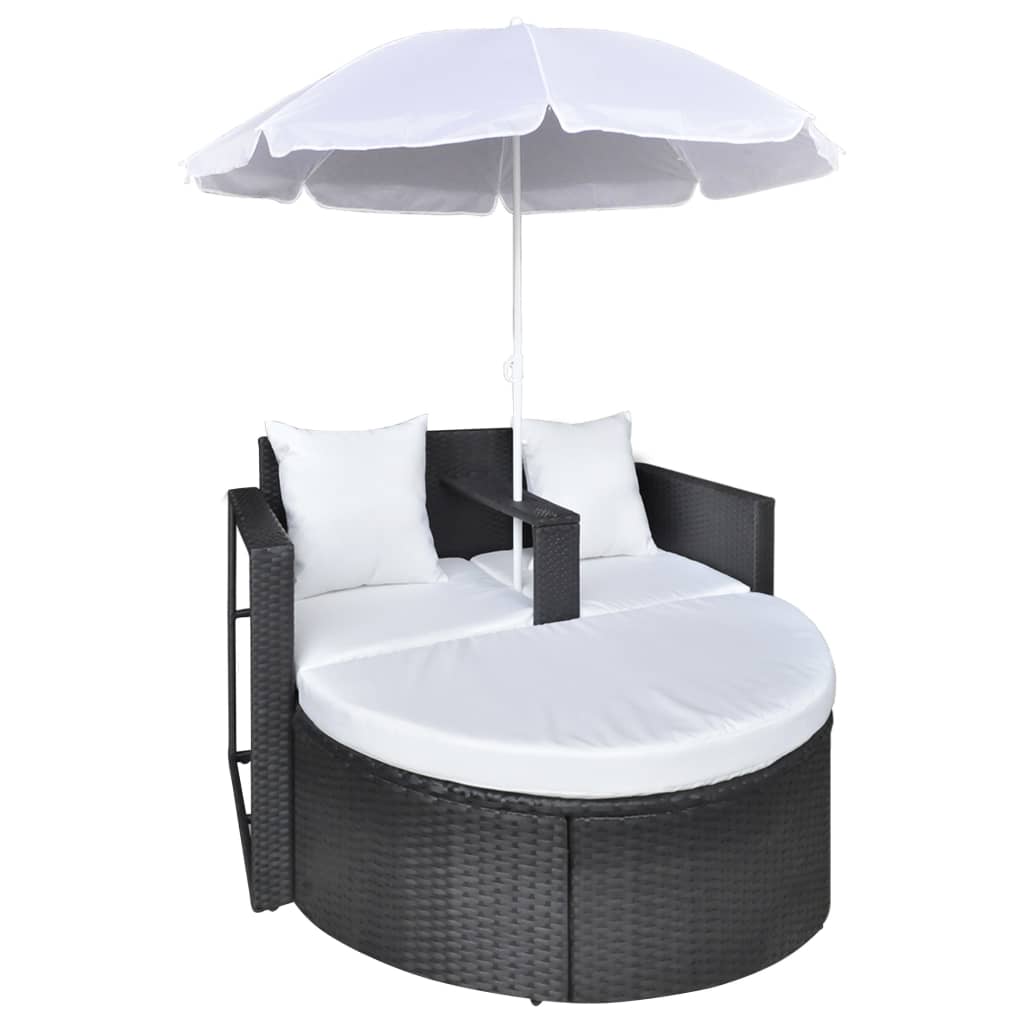 Tuinbed Met Parasol Poly Rattan Zwart Zwart en wit