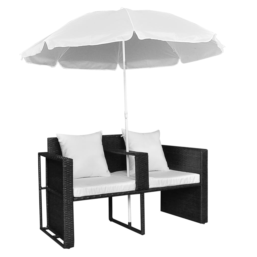 Tuinbed Met Parasol Poly Rattan Zwart Zwart en wit