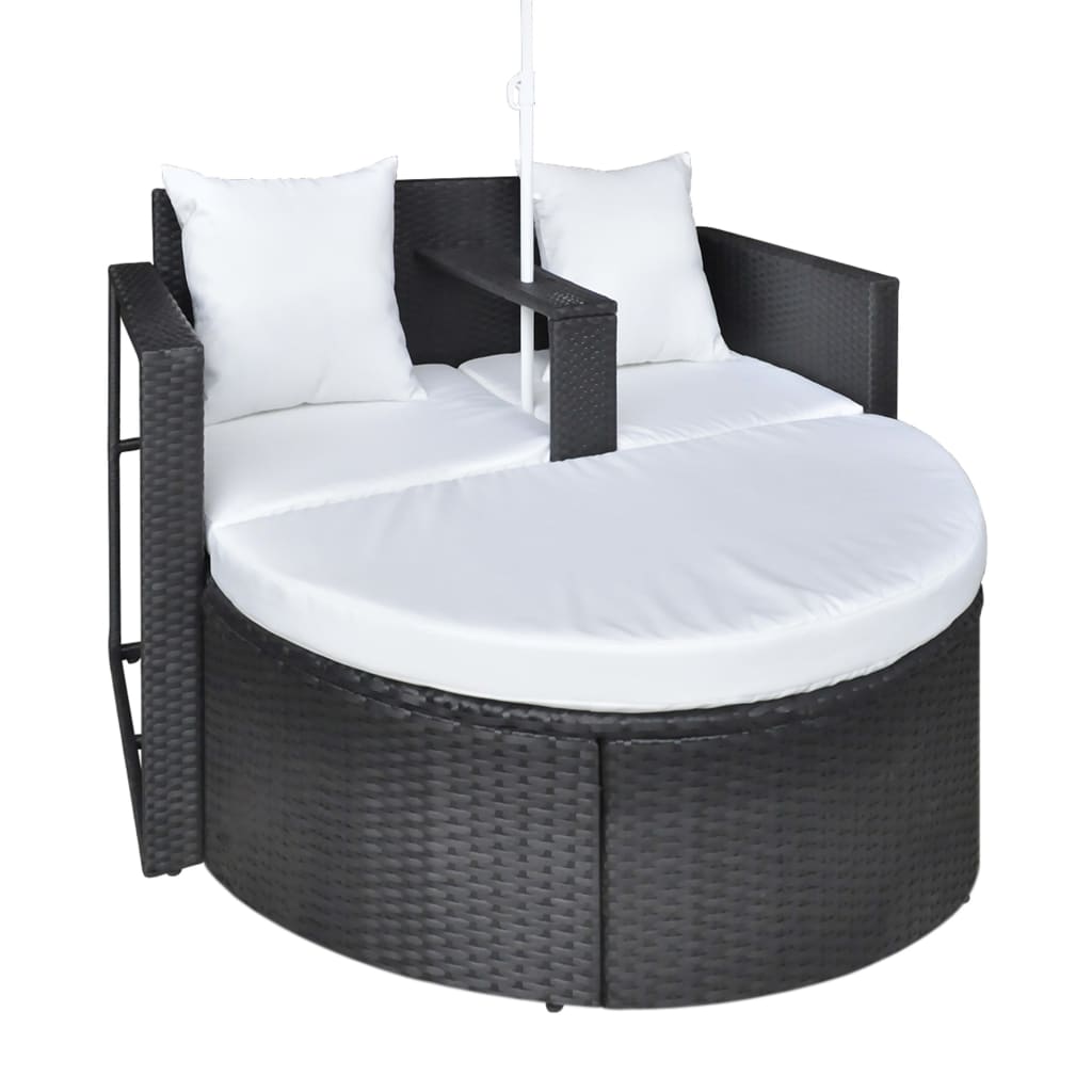 Tuinbed Met Parasol Poly Rattan Zwart Zwart en wit