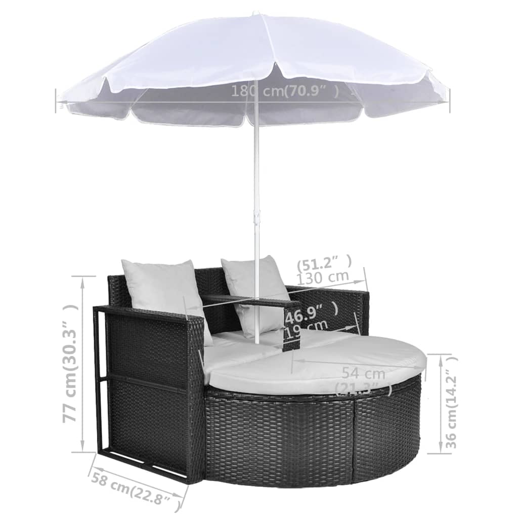 Tuinbed Met Parasol Poly Rattan Zwart Zwart en wit