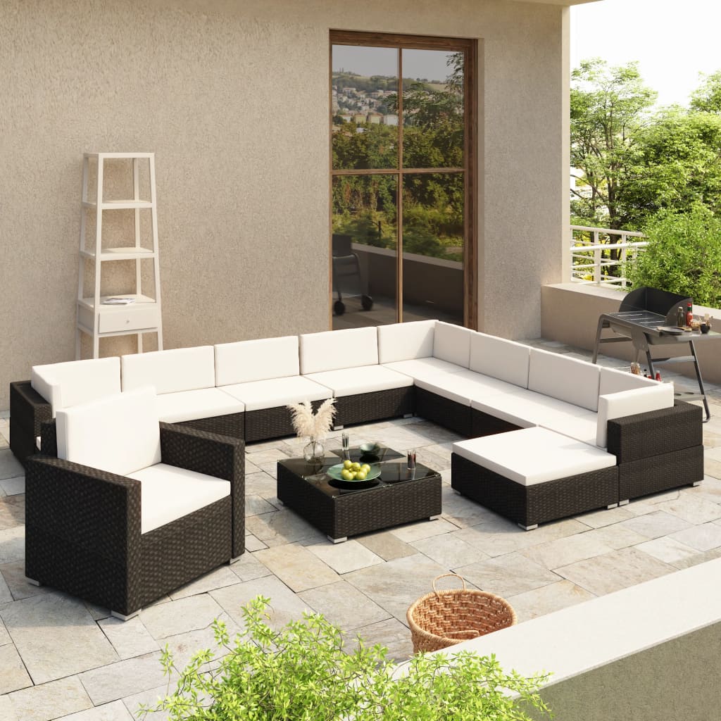 12-Delige Loungeset Met Kussens Poly Rattan Zwart