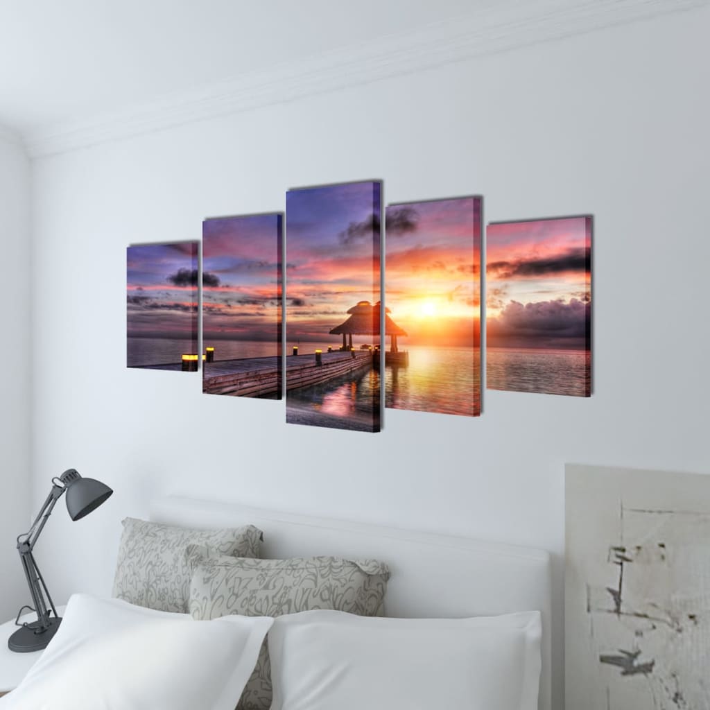 Canvas muurdruk set zandstrand met paviljoen 200 x 100 cm