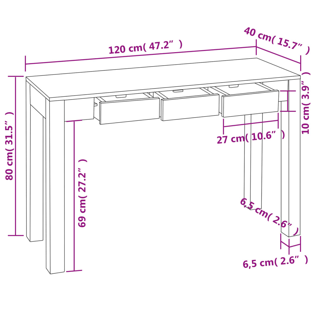 Wandtafel met 3 lades 80 cm massief sheeshamhout