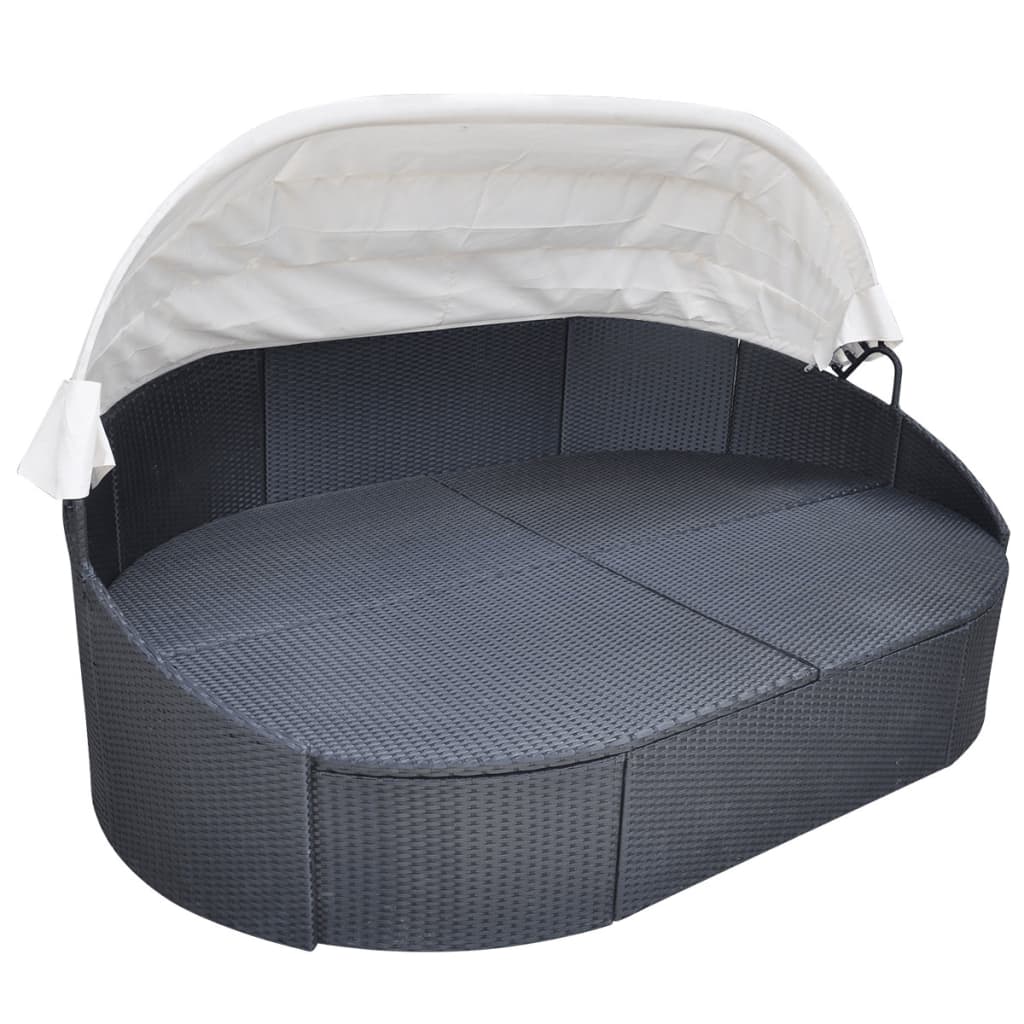 Loungebed met luifel poly rattan zwart