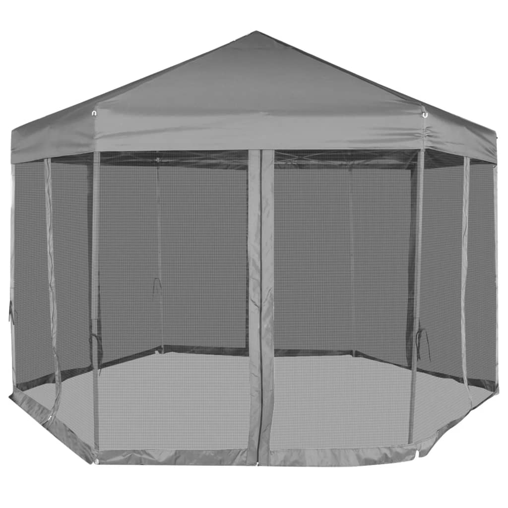 Partytent Pop-Up Zeshoekig Met 6 Zijwanden 3,6X3,1 M Grijs