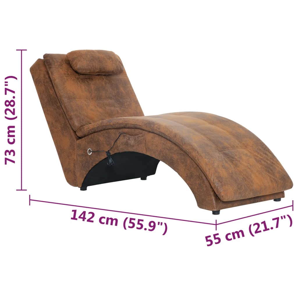 Massage chaise longue met kussen kunstsuède bruin