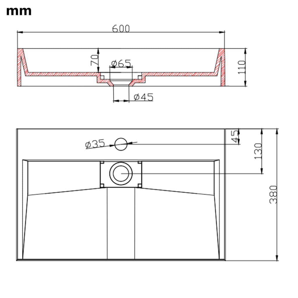 Wastafel Mineraal Gegoten/Marmer Gegoten Wit 60 x 38 x 11 cm