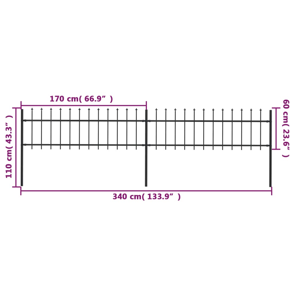 Tuinhek Met Speren Bovenkant 3,4X0,6 M Staal Zwart 0.6 m 3.4 m