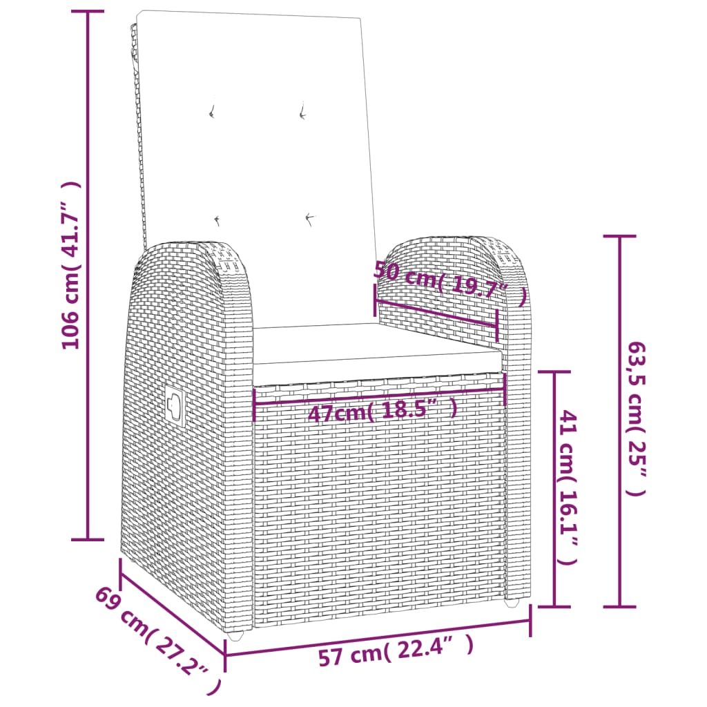 Tuinstoelen 2 st verstelbaar met kussens poly rattan grijs