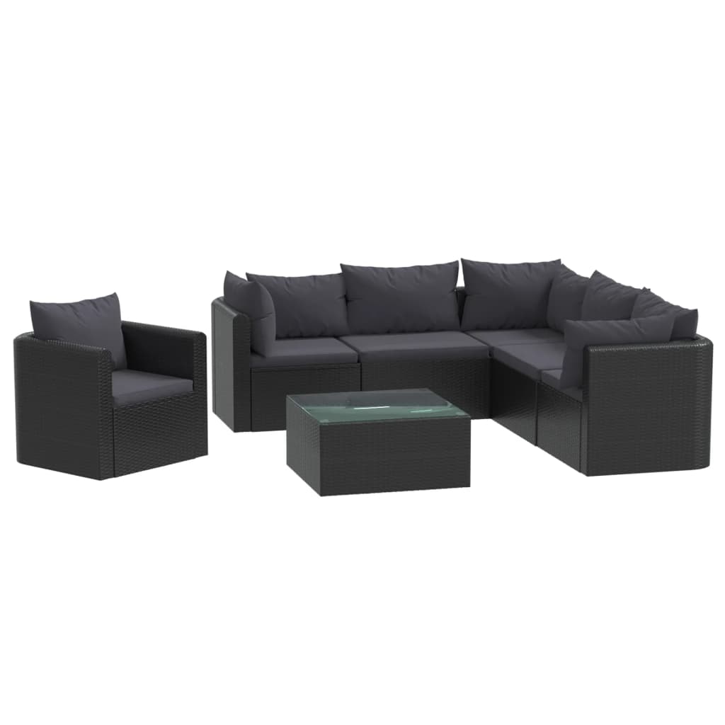 7-Delige Loungeset Met Kussens Poly Rattan Zwart 1 3x hoek + 2x midden + Fauteuil + Tafel