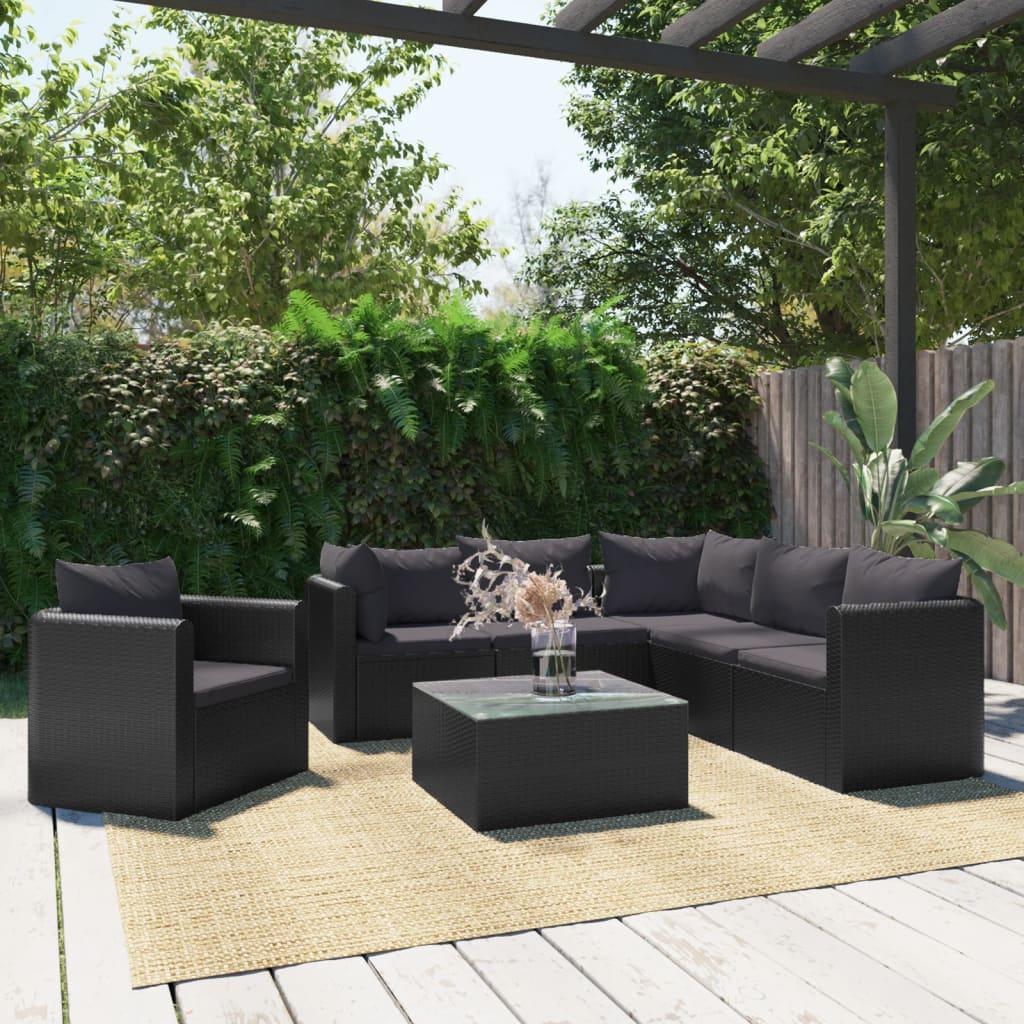 7-Delige Loungeset Met Kussens Poly Rattan Zwart 1 3x hoek + 2x midden + Fauteuil + Tafel