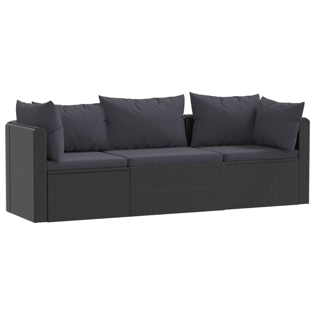 3-Delige Loungeset Met Kussens Poly Rattan Zwart 1 Driezitsbank