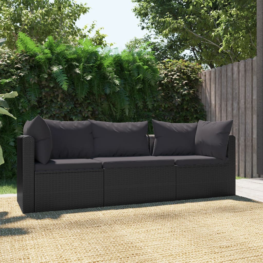 3-Delige Loungeset Met Kussens Poly Rattan Zwart 1 Driezitsbank