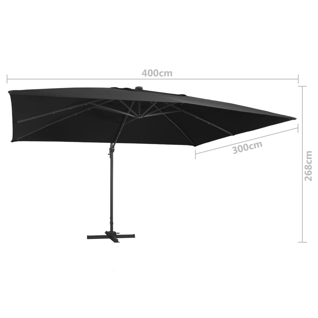 Zweefparasol met LED-verlichting en paal 400x300 cm zwart