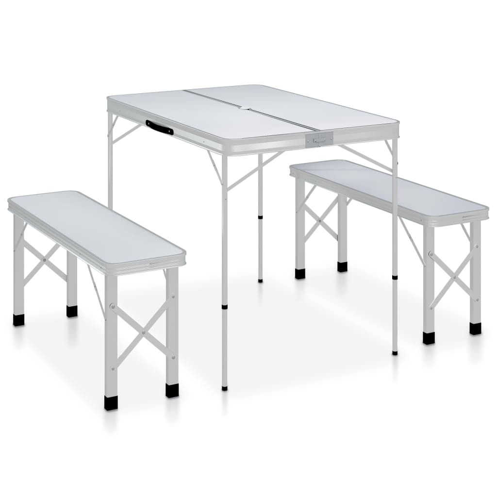 Campingtafel inklapbaar met 2 banken aluminium wit