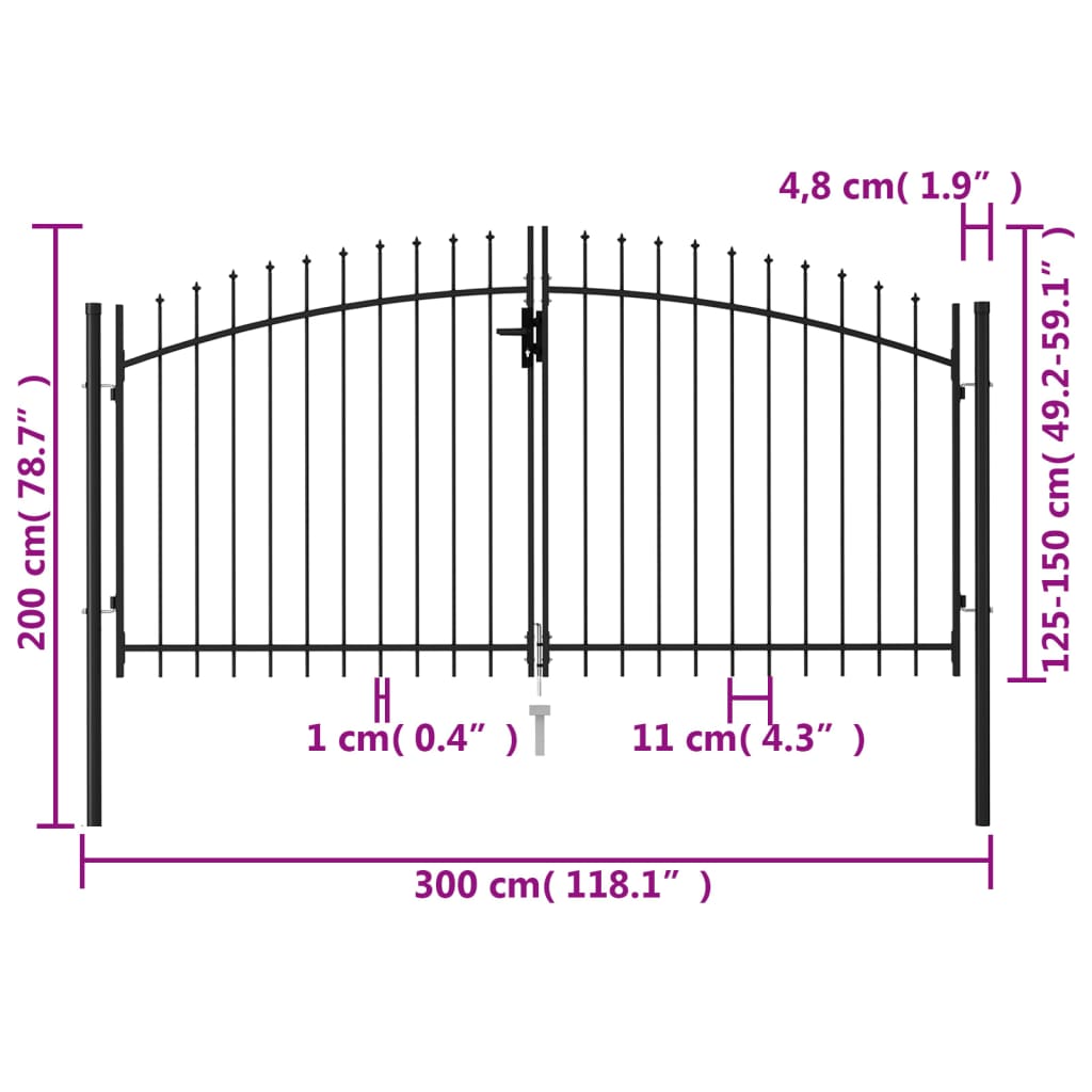 Poort met puntige bovenkant dubbel 3x1,5 m staal zwart