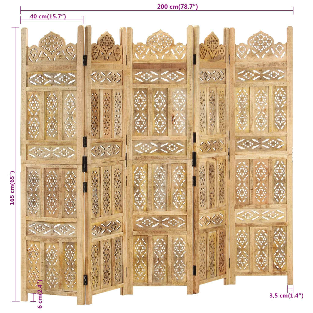 Kamerscherm Panelen Handgesneden 200X16 Cm Massief Mangohout 5 Lichtbruin