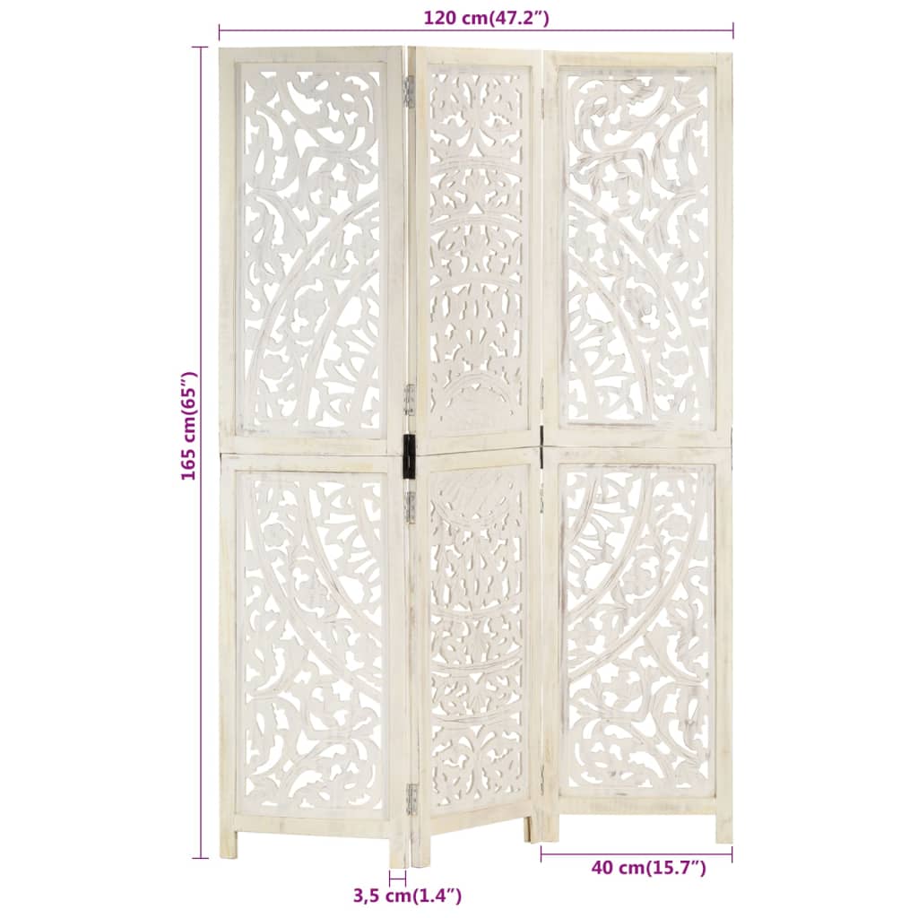 Kamerscherm Met 3 Panelen Handgesneden 20X65 Cm Mangohout Wit