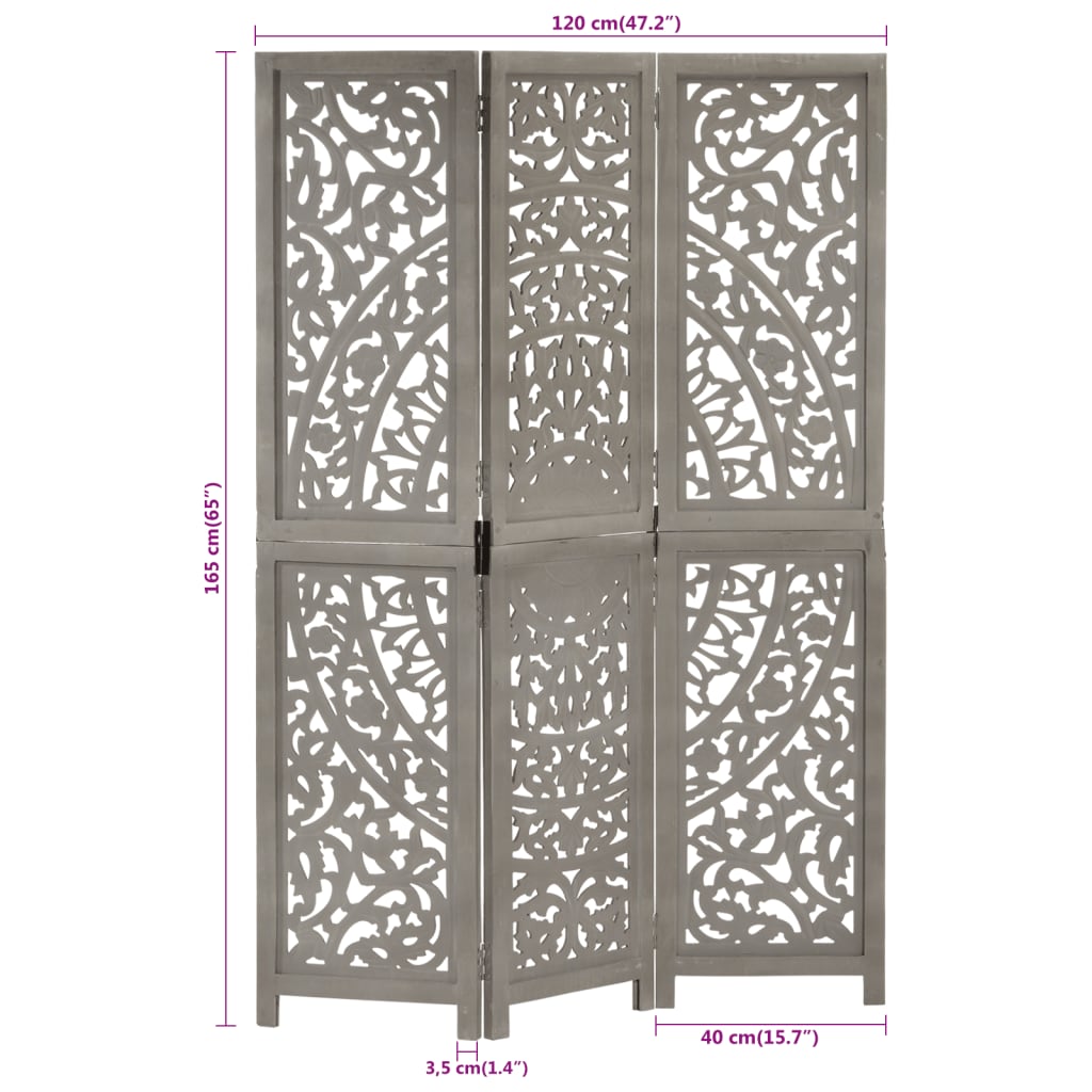 Kamerscherm 3 Panelen Handgesneden 20X65 Cm Mangohout Grijs