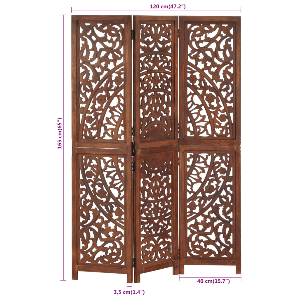 Kamerscherm 3 Panelen Handgesneden 20X65 Cm Mangohout Bruin