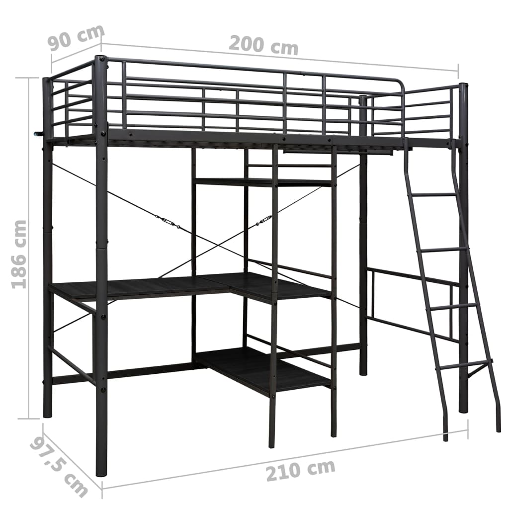 Stapelbedframe met tafel metaal zwart 90x200 cm