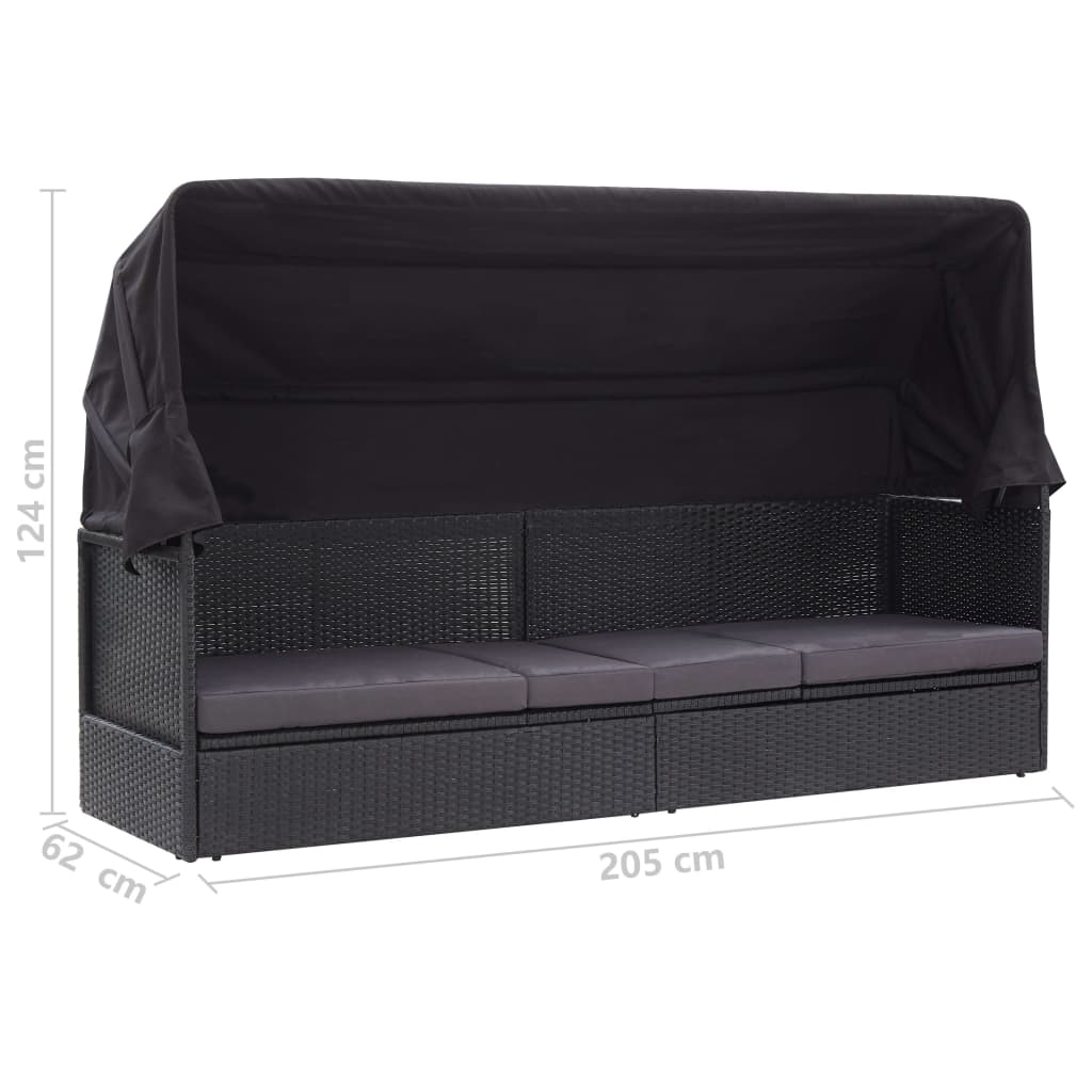 Loungebank met luifel poly rattan zwart