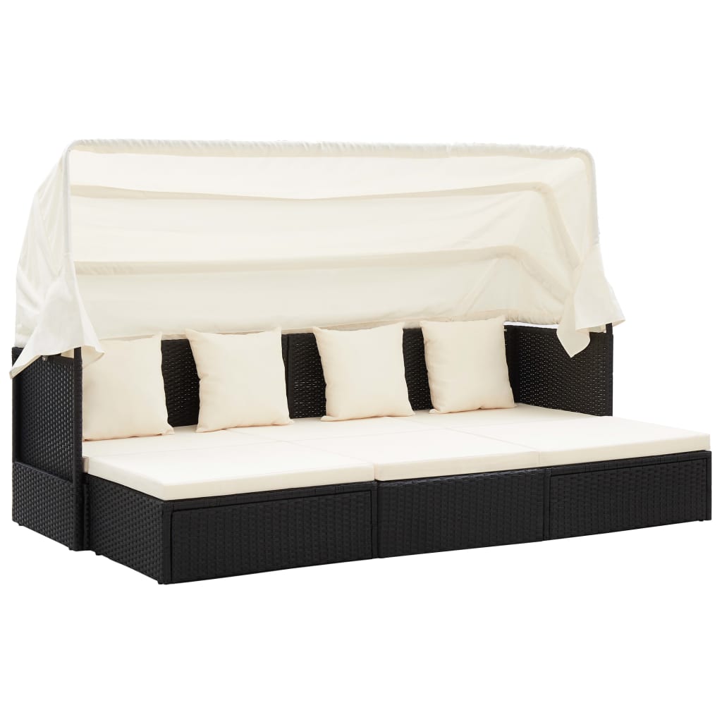 Tuinbed met luifel poly rattan zwart