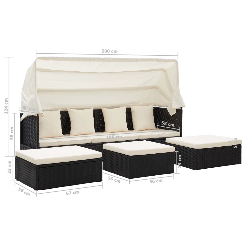 Tuinbed met luifel poly rattan zwart