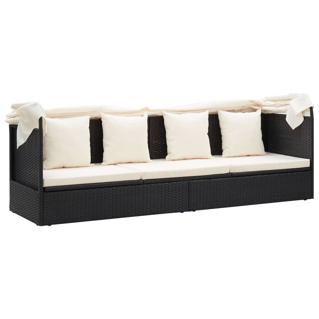 Tuinbed met luifel poly rattan zwart