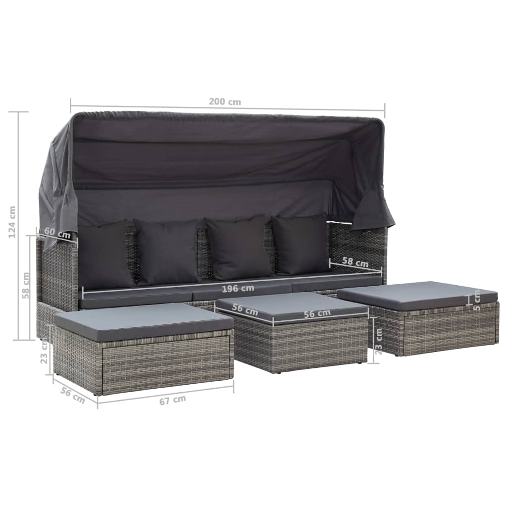 Tuinbed met luifel poly rattan gemengd grijs