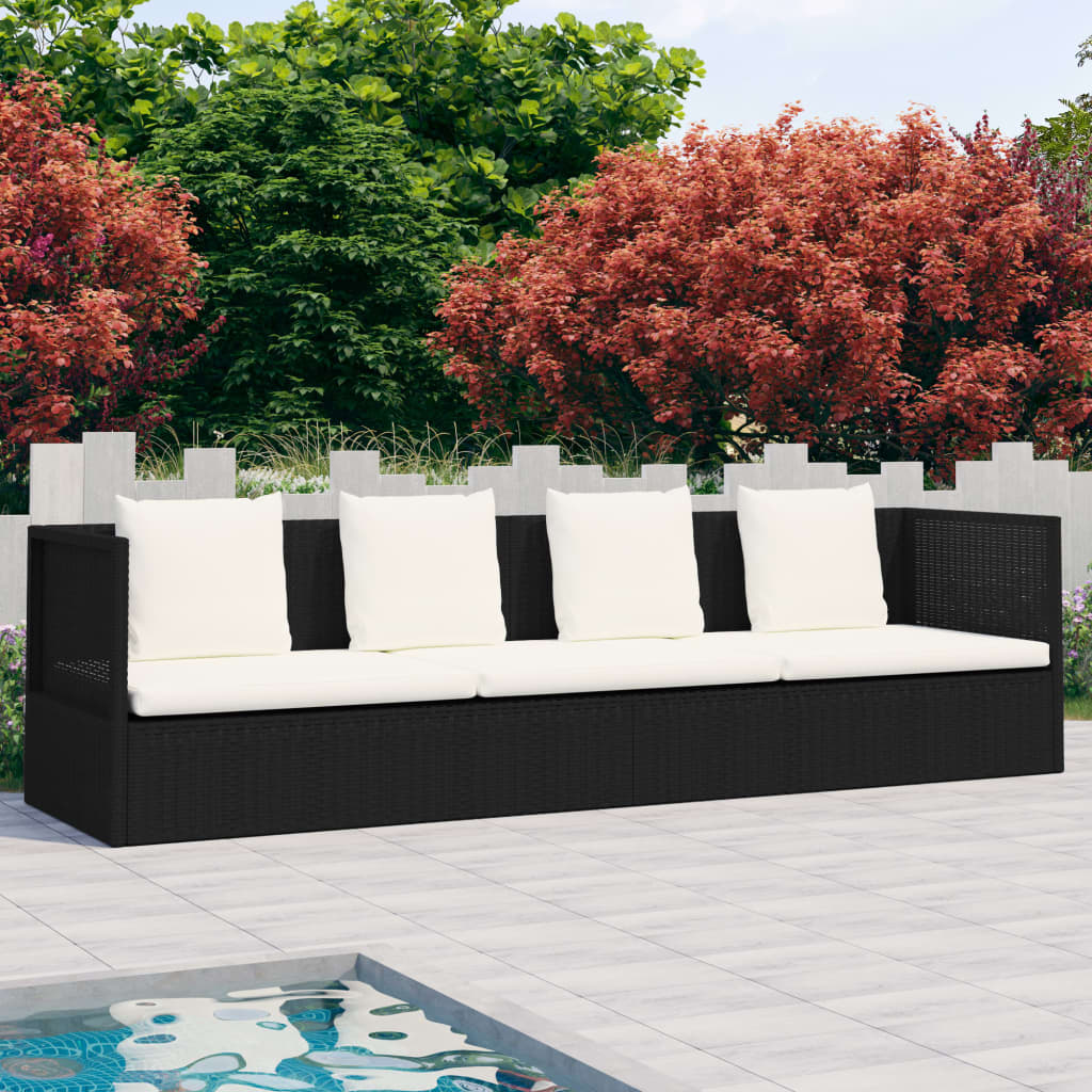 Tuinbed met kussens poly rattan zwart