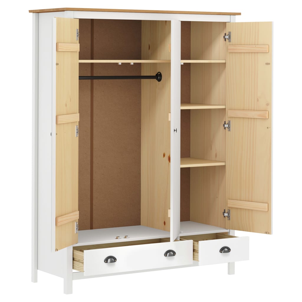 Kledingkast Hill 3 Deuren 127X50X170 Cm Massief Grenenhout Wit Wit en bruin