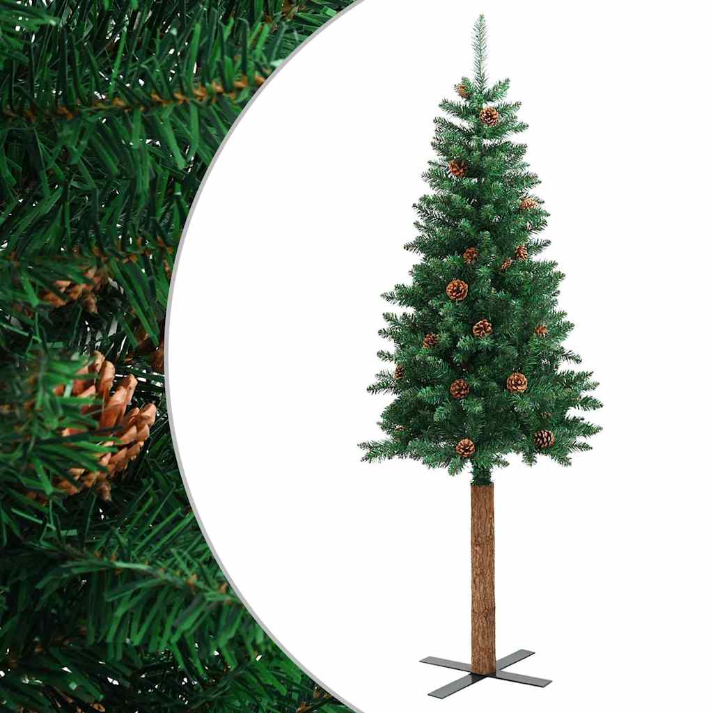 Kerstboom met echt hout en dennenappels smal 150 cm PVC groen