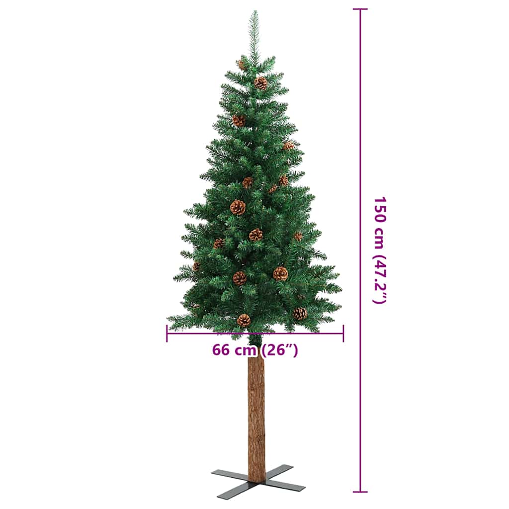 Kerstboom met echt hout en dennenappels smal 150 cm PVC groen