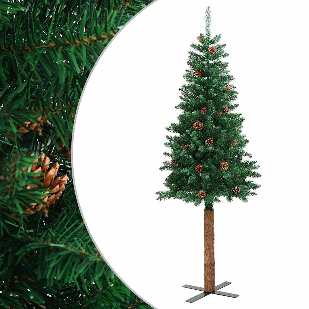 Kerstboom met echt hout en dennenappels smal 180 cm PVC groen