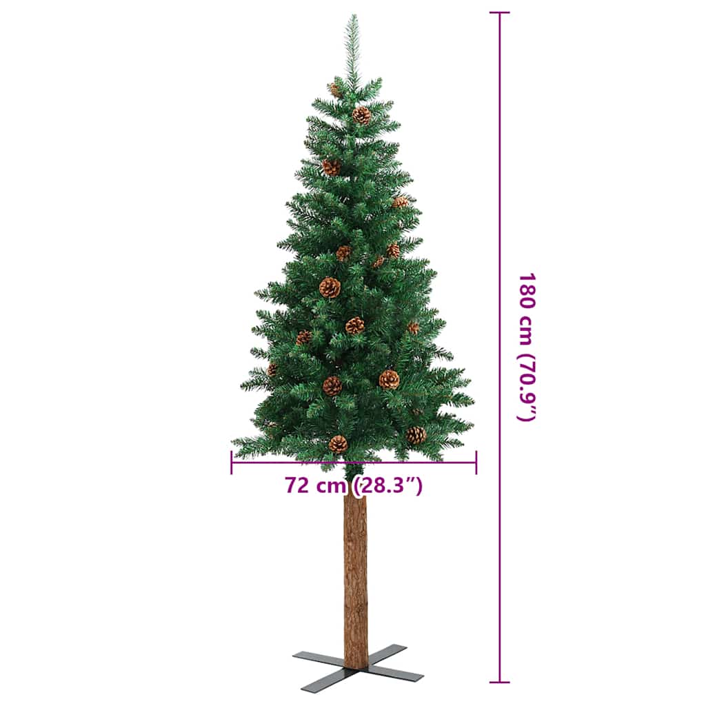 Kerstboom met echt hout en dennenappels smal 180 cm PVC groen